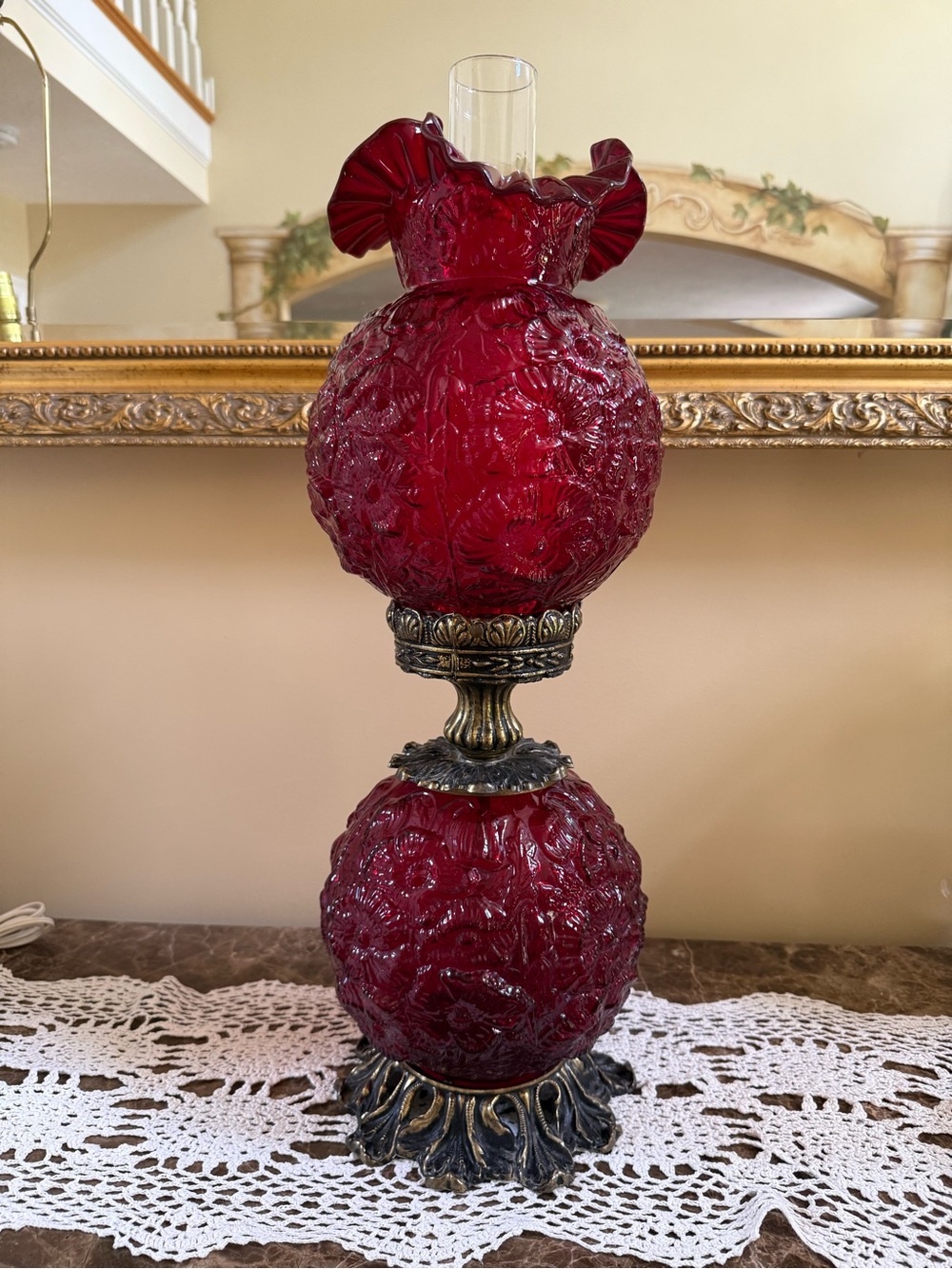Vintage Fenton Ruby Red Poppy GWTW Hurricane Lamp